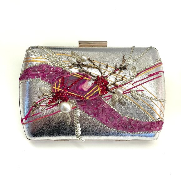 PATRICIA ADELSON Handbags - Silver Leather Clutch Pink Agate stone, Pearls, Crystals, Silver Branches